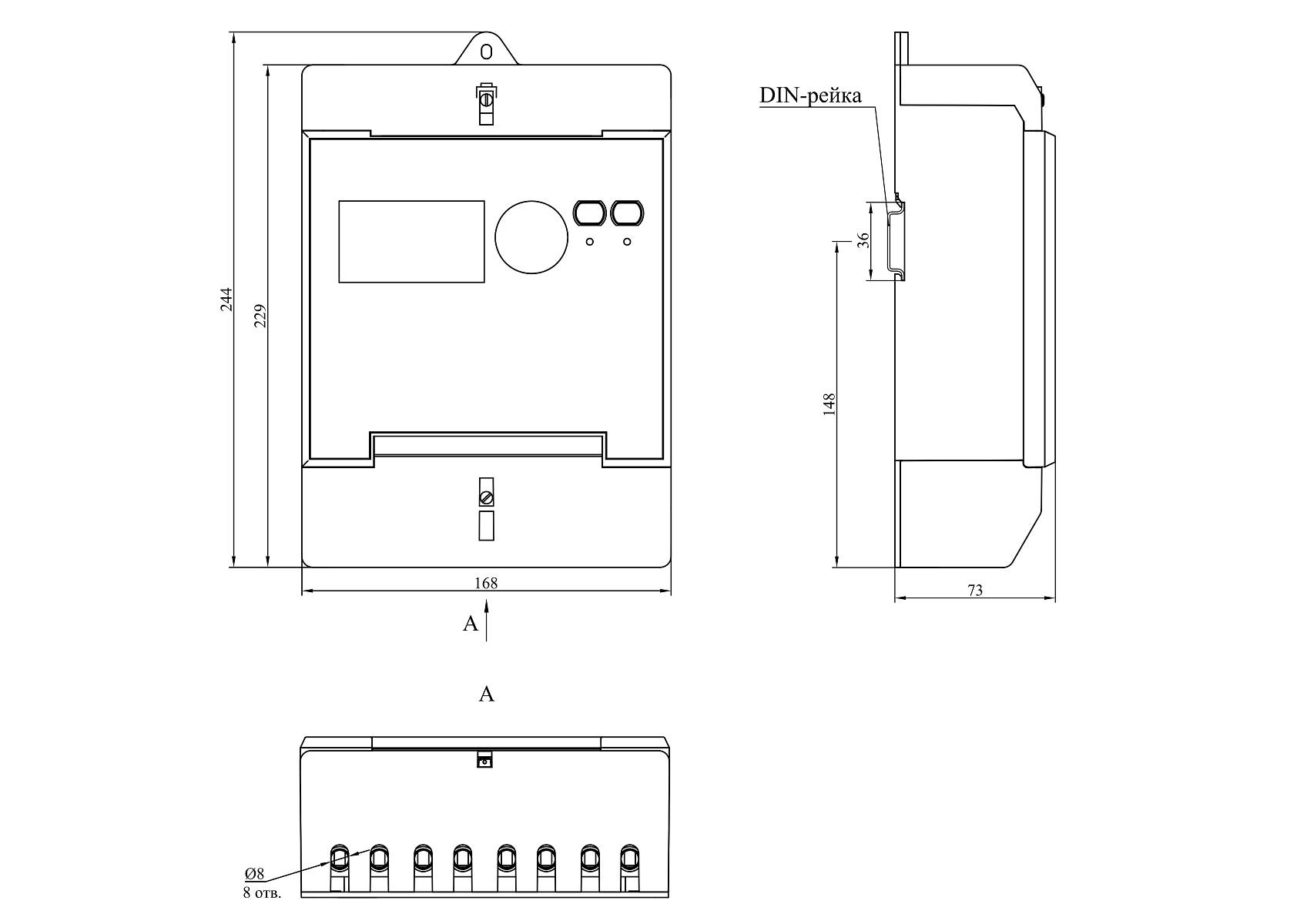 Габаритные размеры счетчика моделей КВАНТ СТ3.03, КВАНТ СТ3.04, КВАНТ СТ3.05, КВАНТ СТ3.06